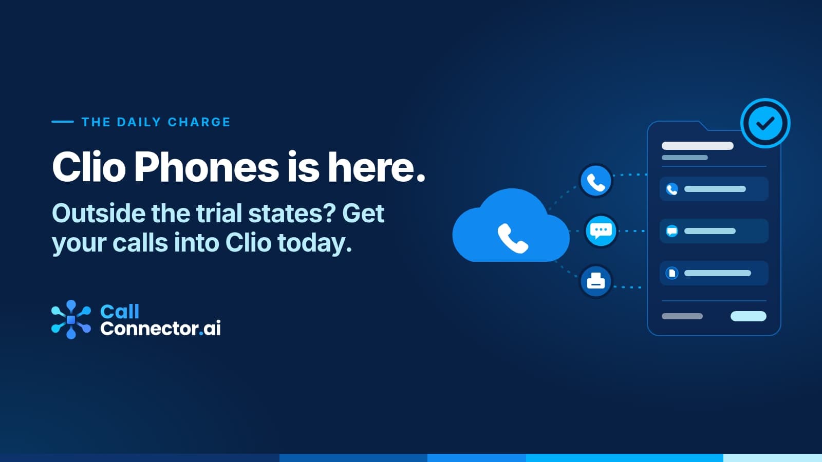 The Daily Charge: Clio Phones is here. Outside the trial states? Get your calls into Clio today. A cloud phone icon links calls, texts and faxes to a checked-off record, next to the CallConnector.ai logo.