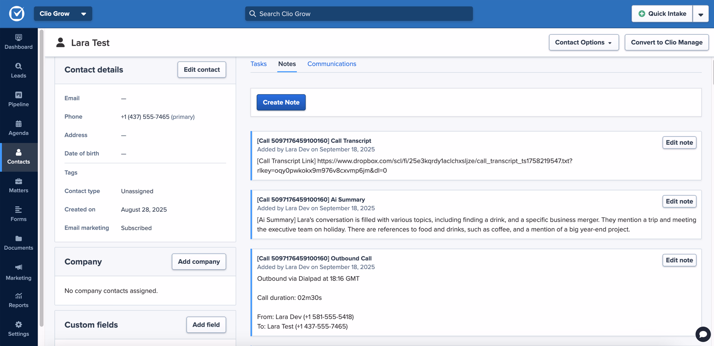 Call recording link in Clio Grow