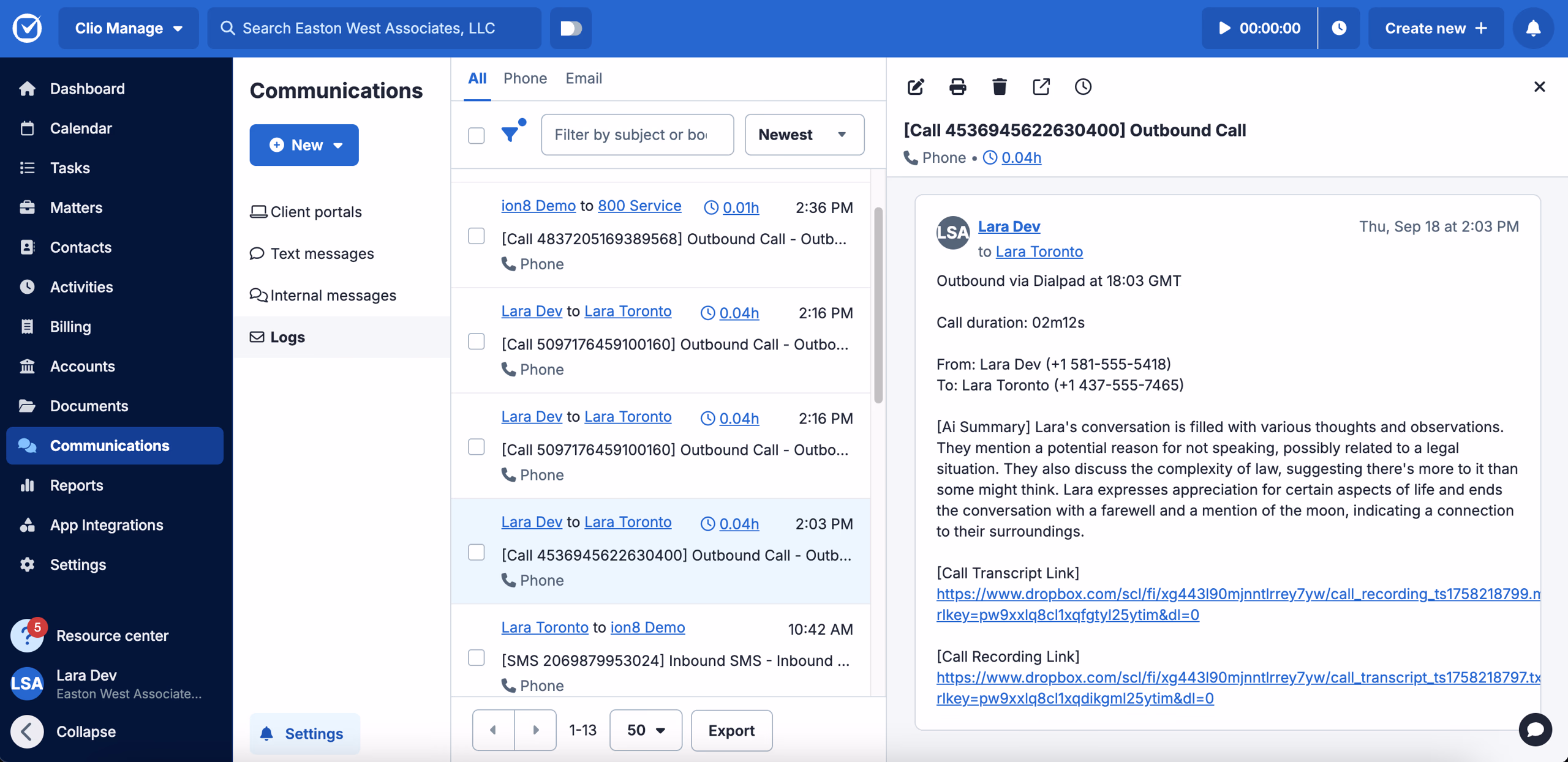 Call logged as Communication in Clio Manage