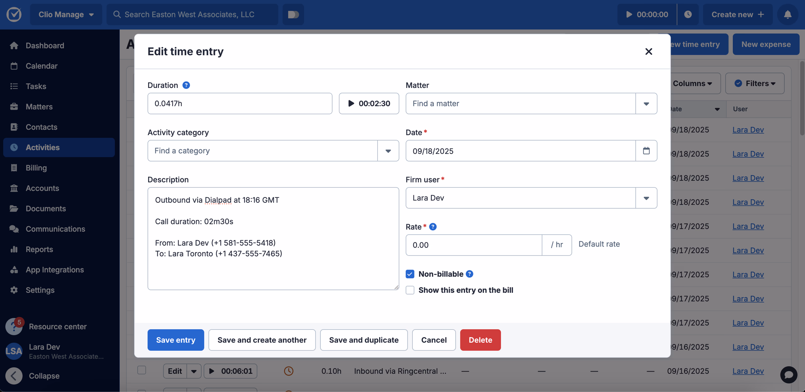 Calls logged as Activities in Clio Manage