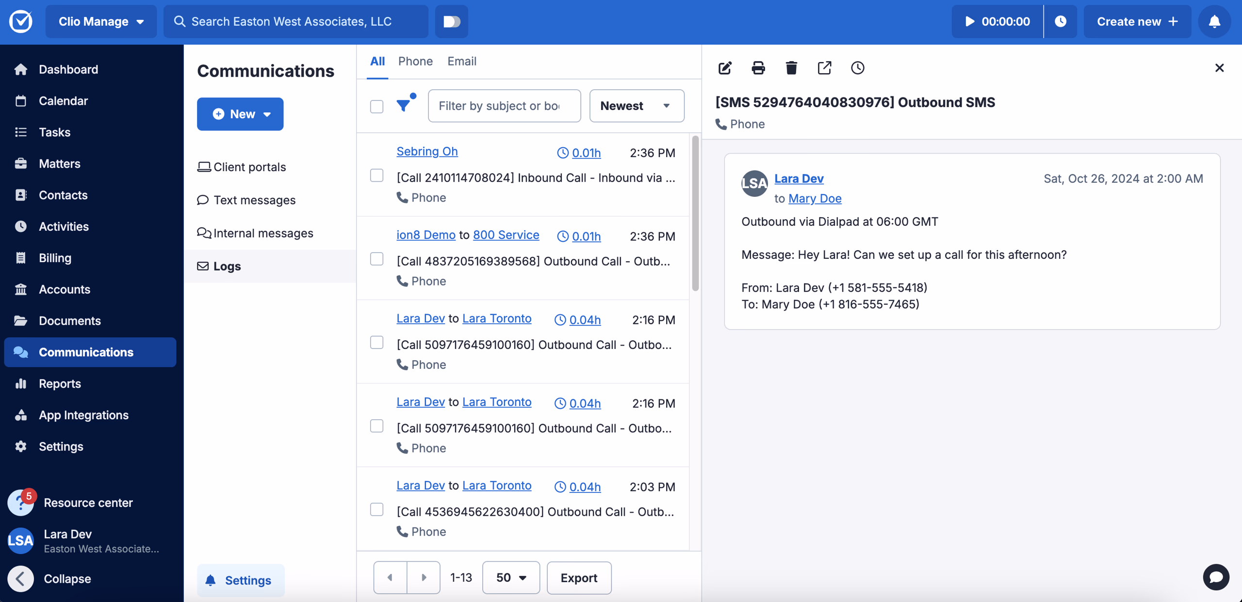 SMS logged as a Communication