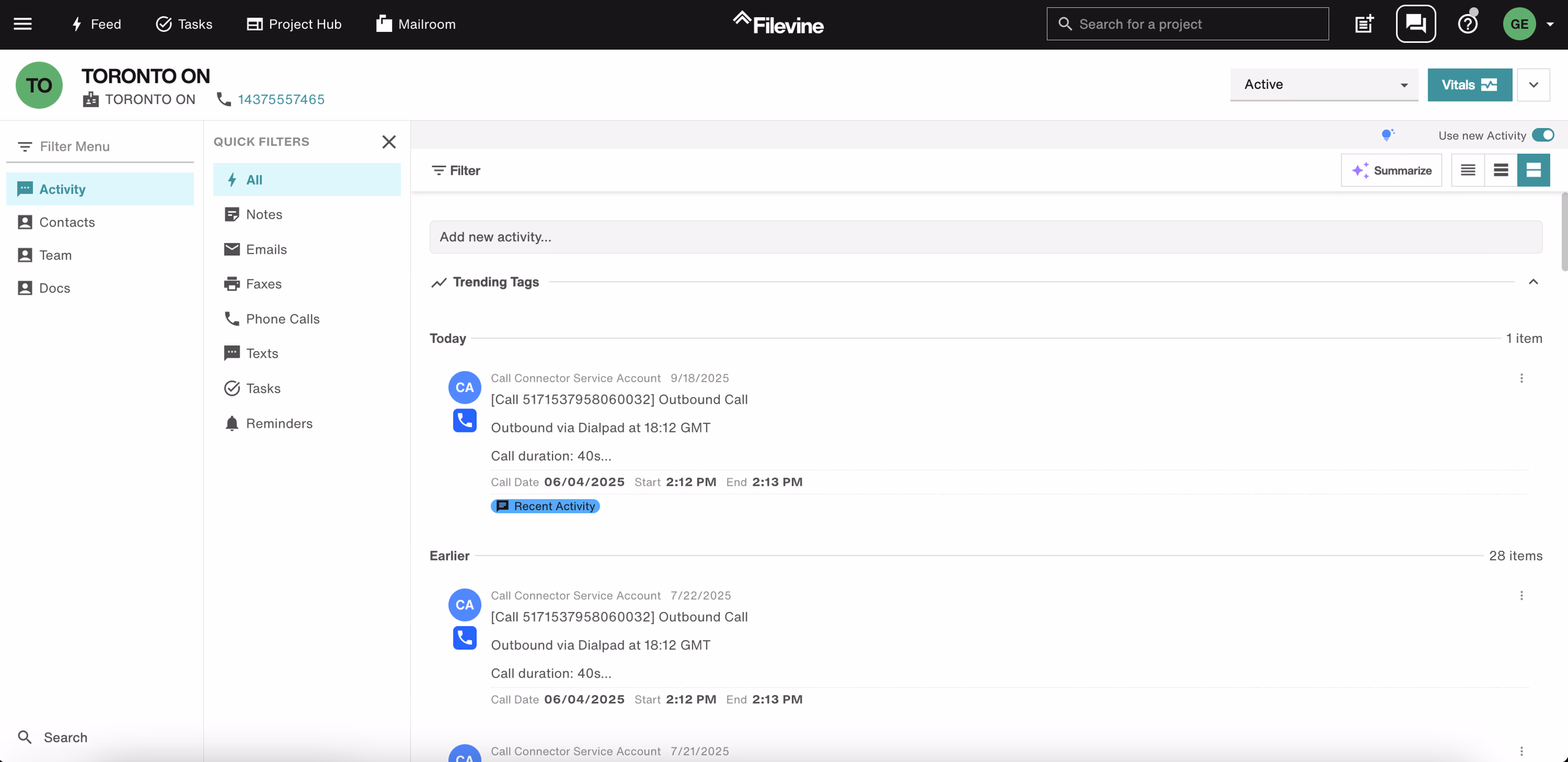 Calls logged as Notes in Phone Call category in Filevine Project