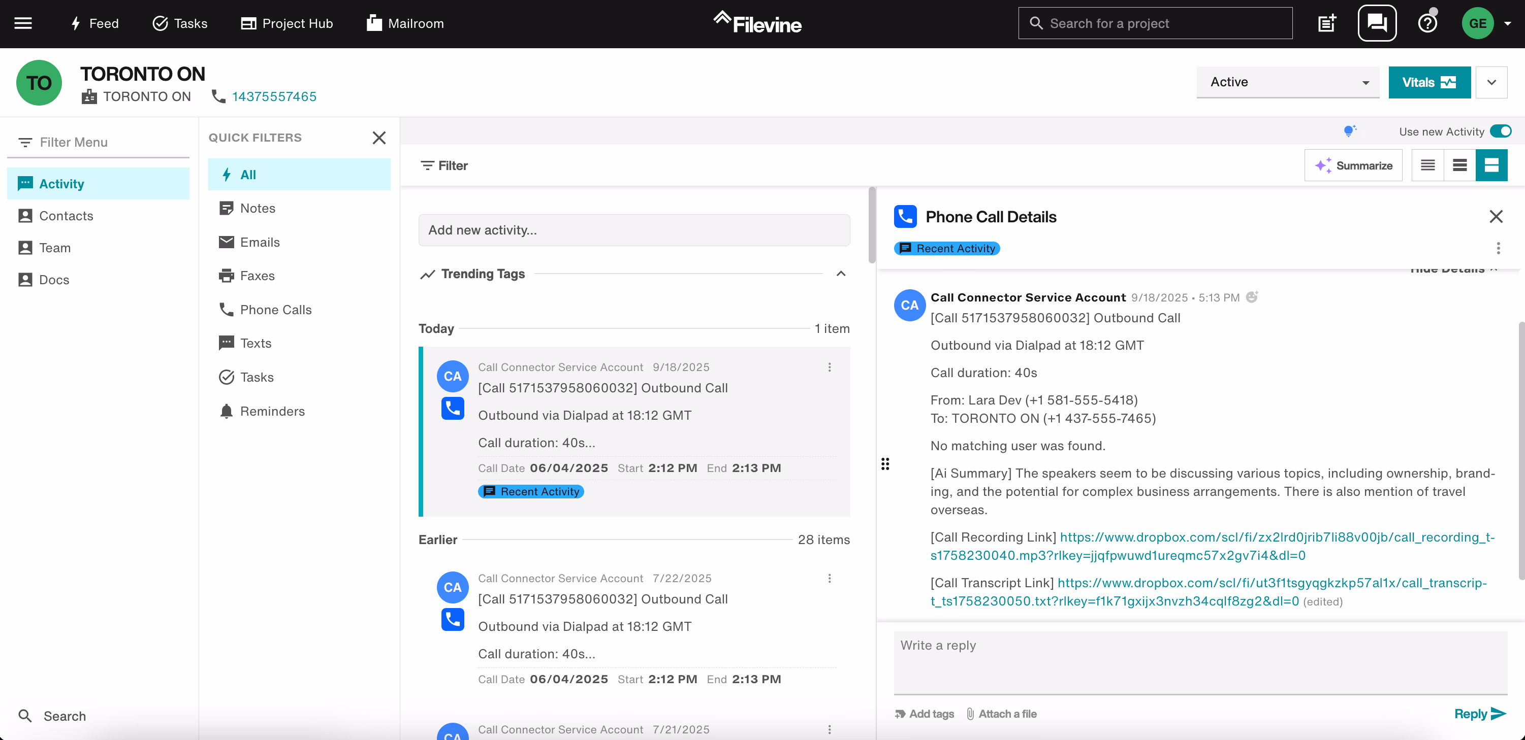 Expanded call log in Filevine showing details