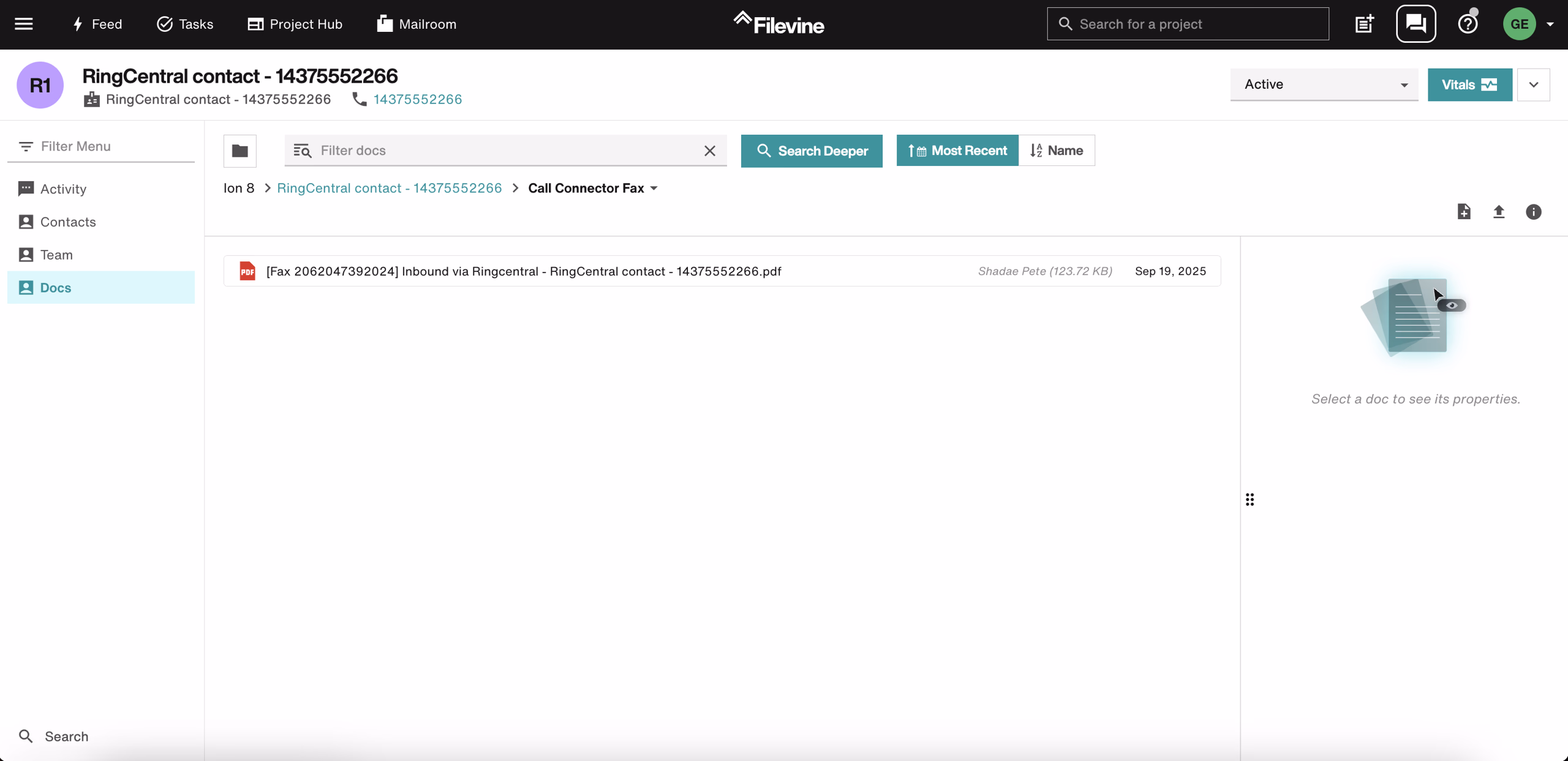 Fax stored as Document in Filevine