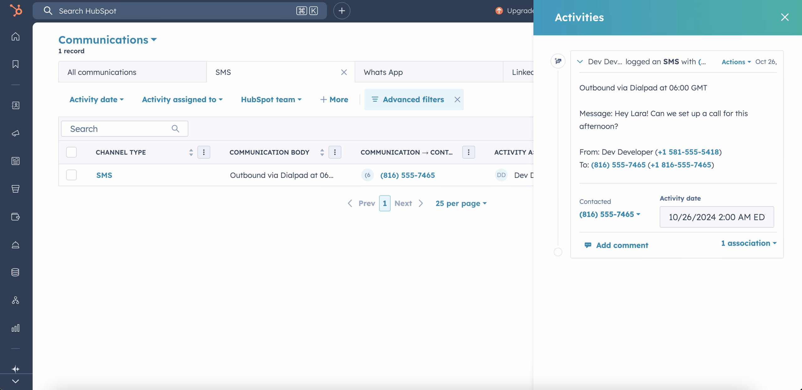 SMS logged into HubSpot