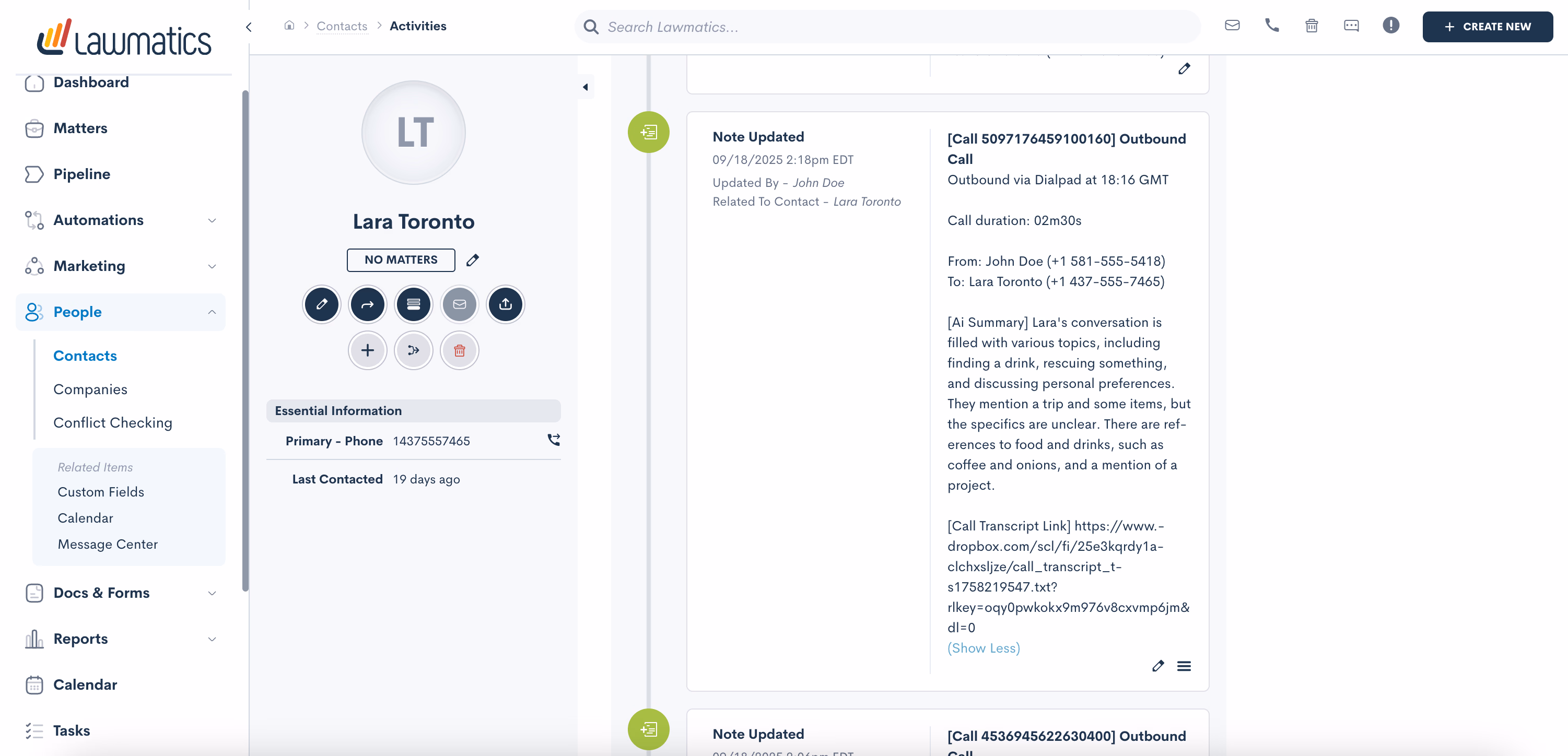 Call logged as Note on Lawmatics Contact