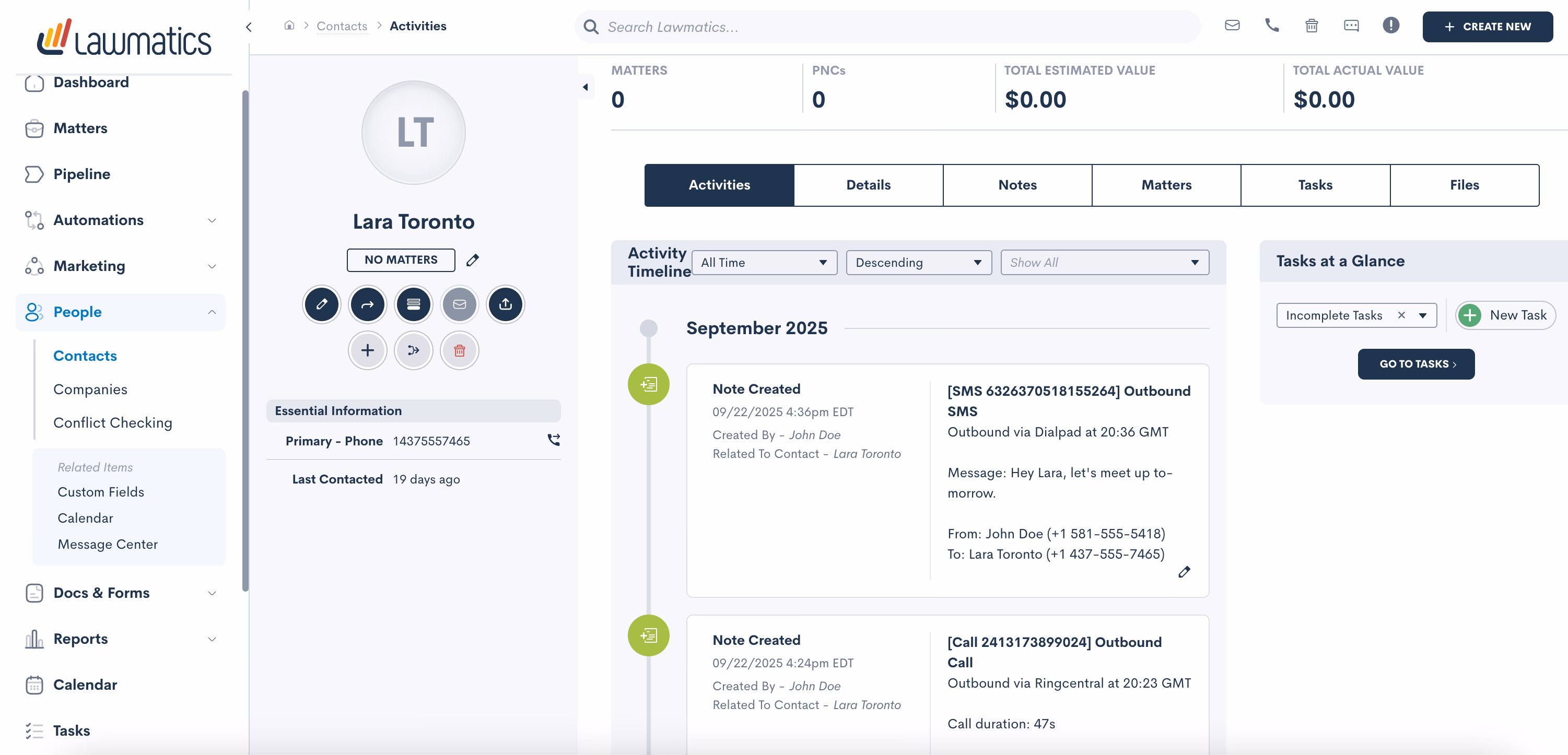 SMS logged as Note on Lawmatics Contact