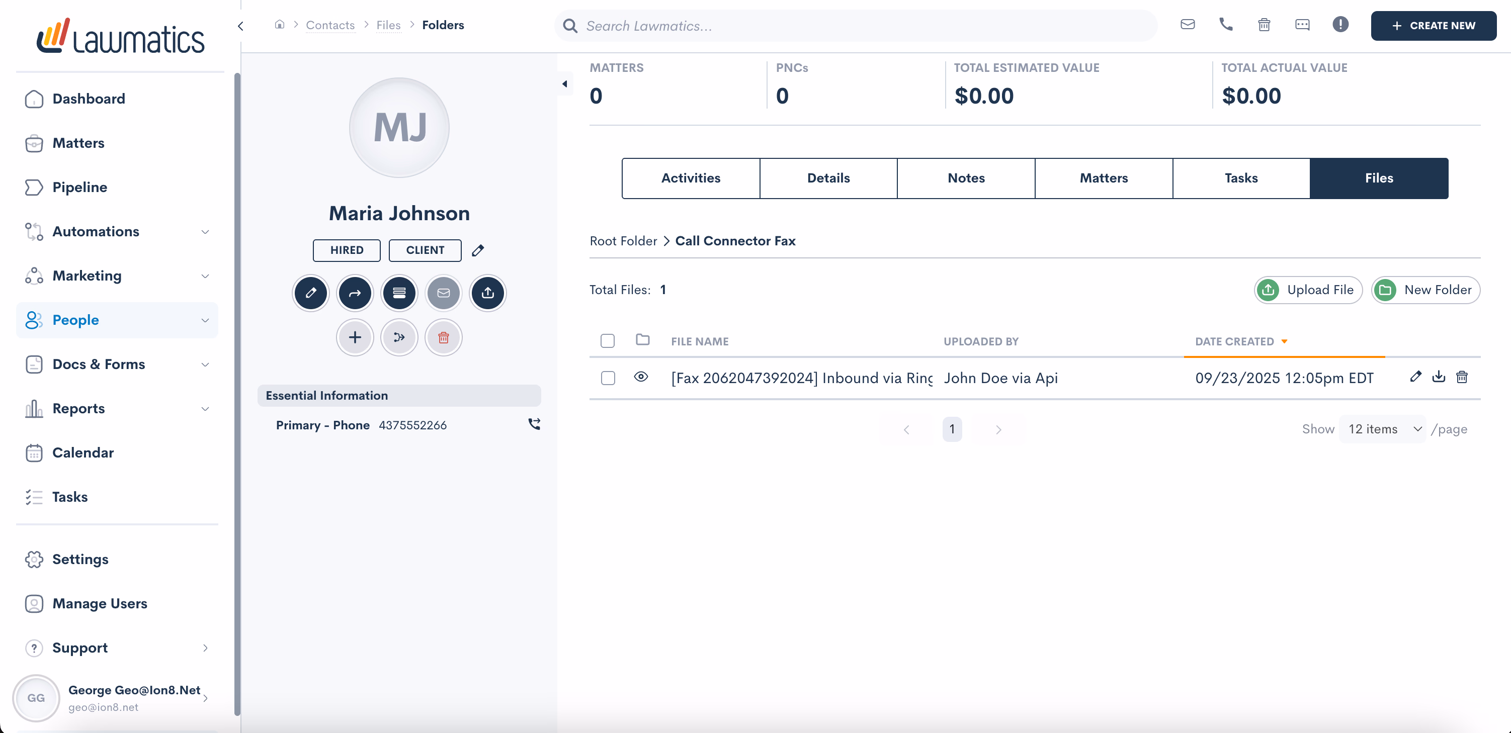 Fax file details in Lawmatics
