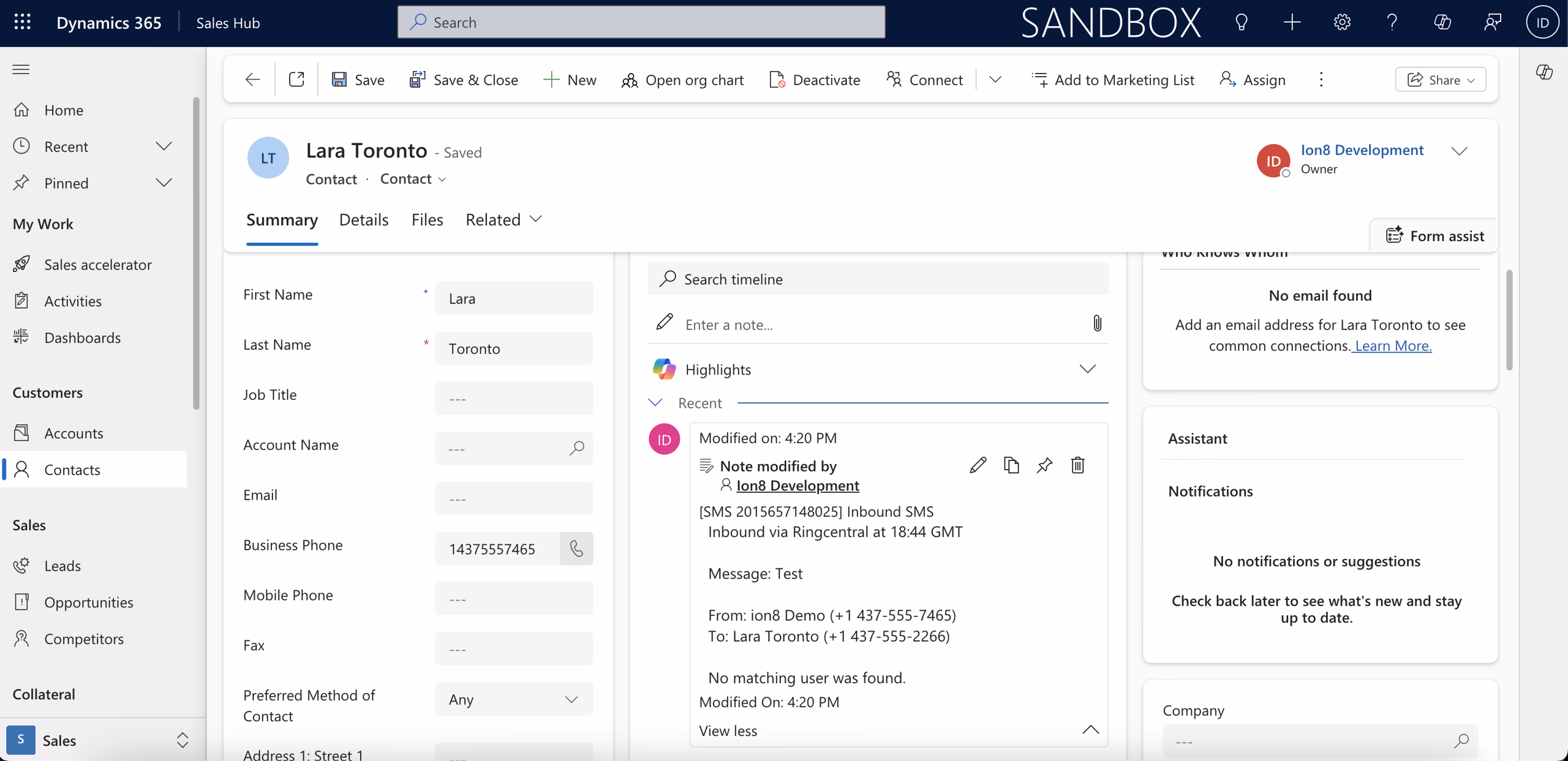 SMS logged as Note in Microsoft Dynamics 365 Sales