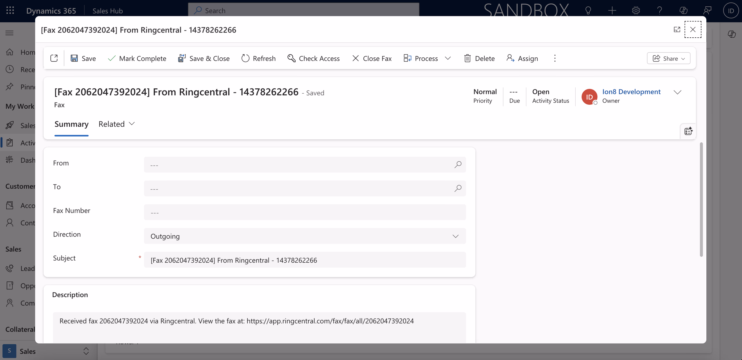 Fax logged as Fax record with timeline disabled in Microsoft Dynamics 365 Sales