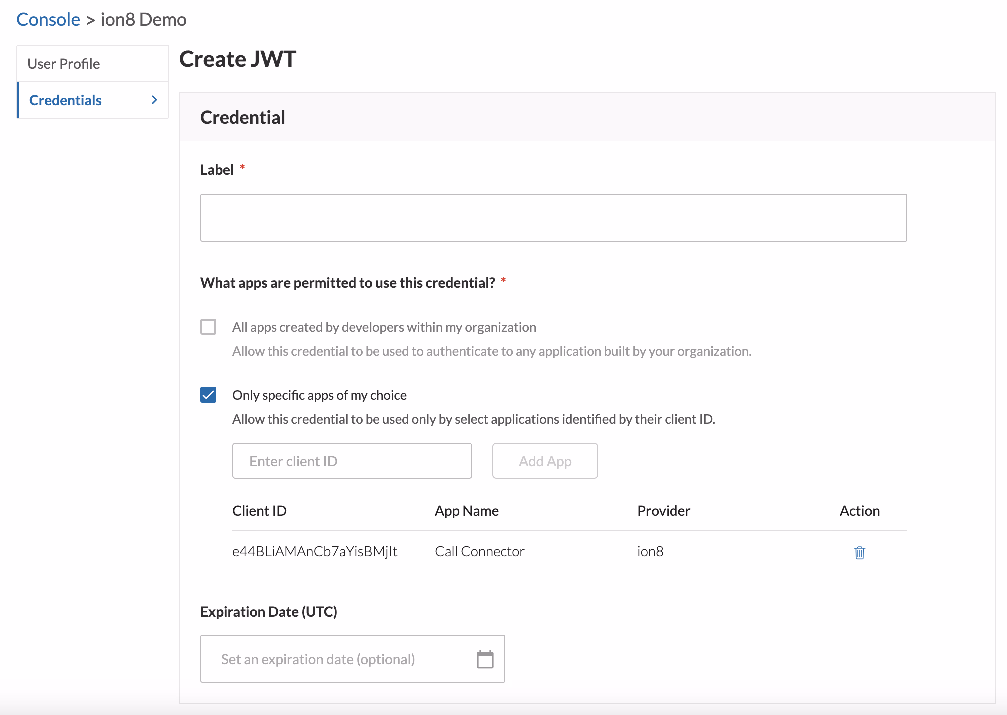 The JWT creation page in RingCentral