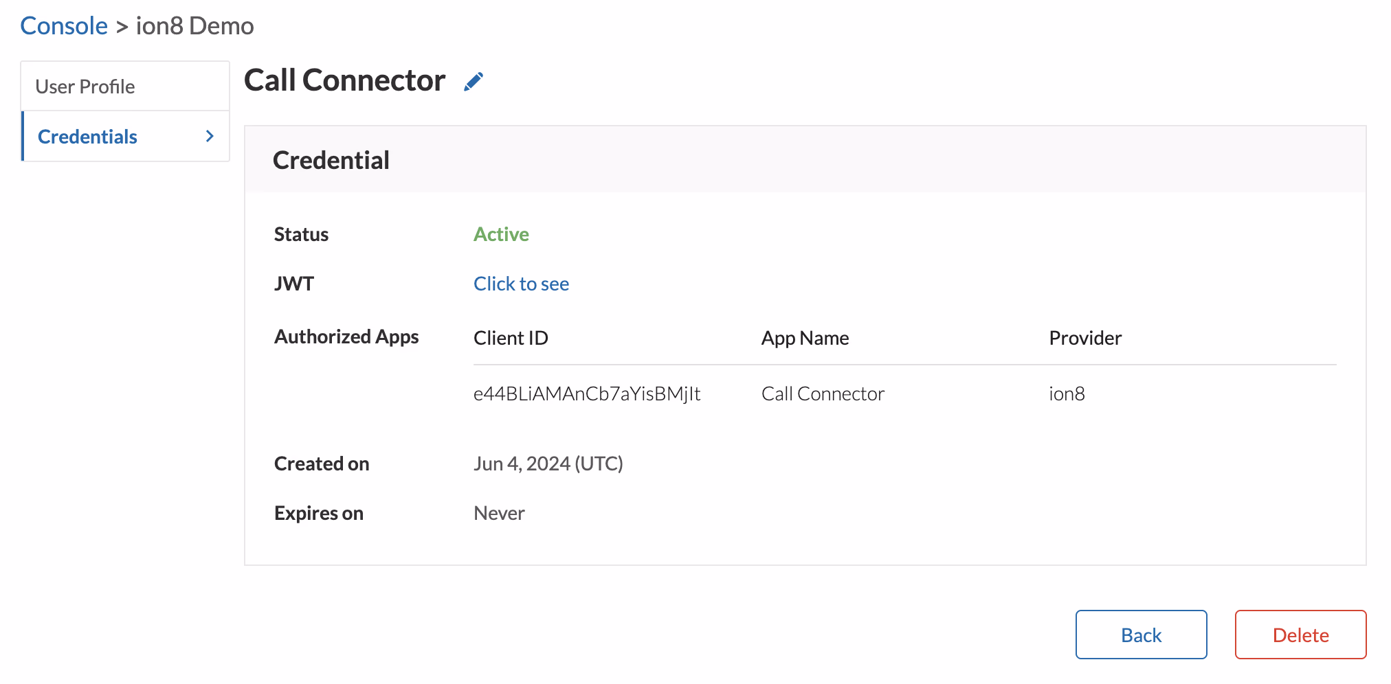 The credential screen in RingCentral