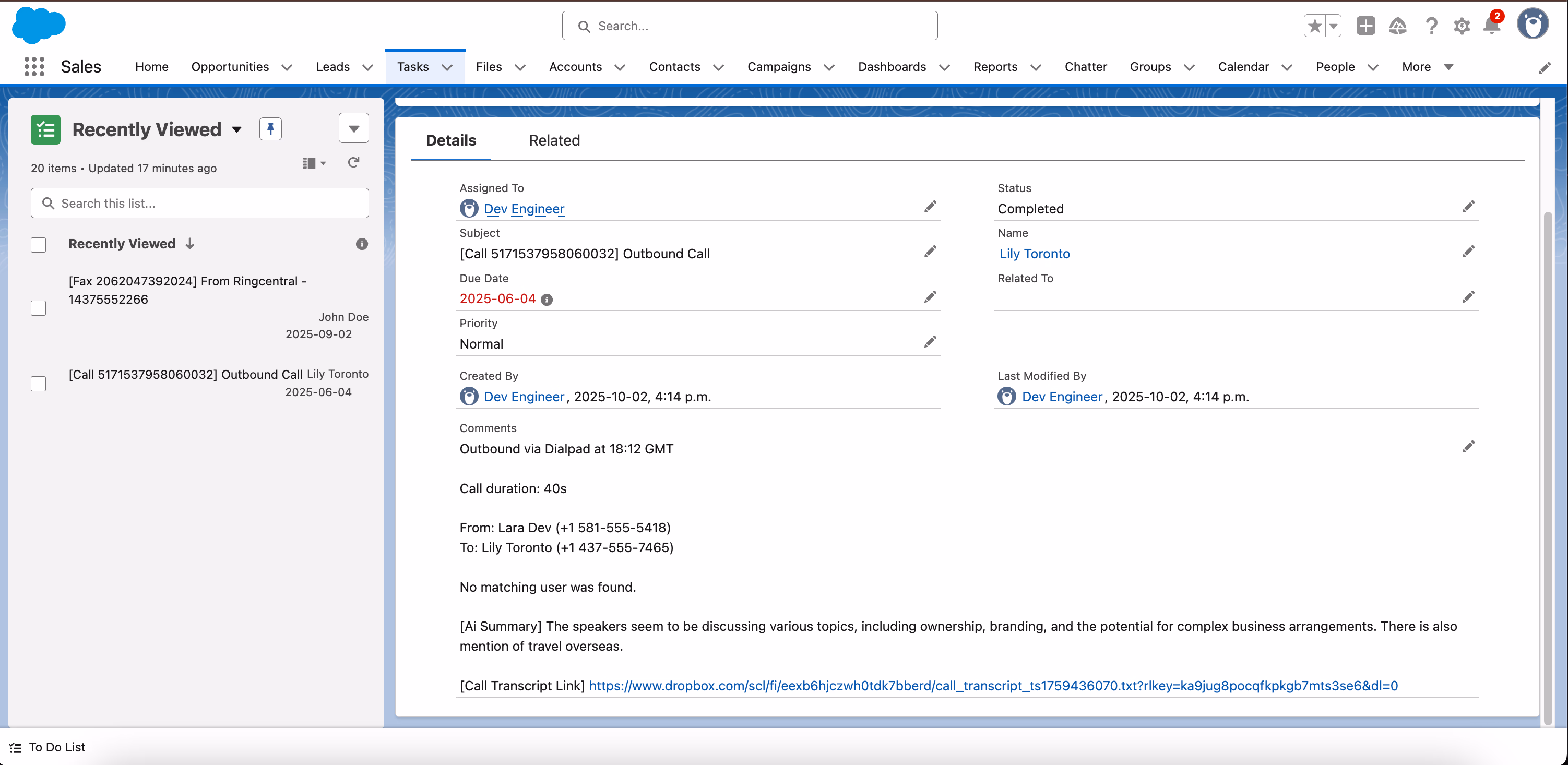 Call logged as Task in Salesforce