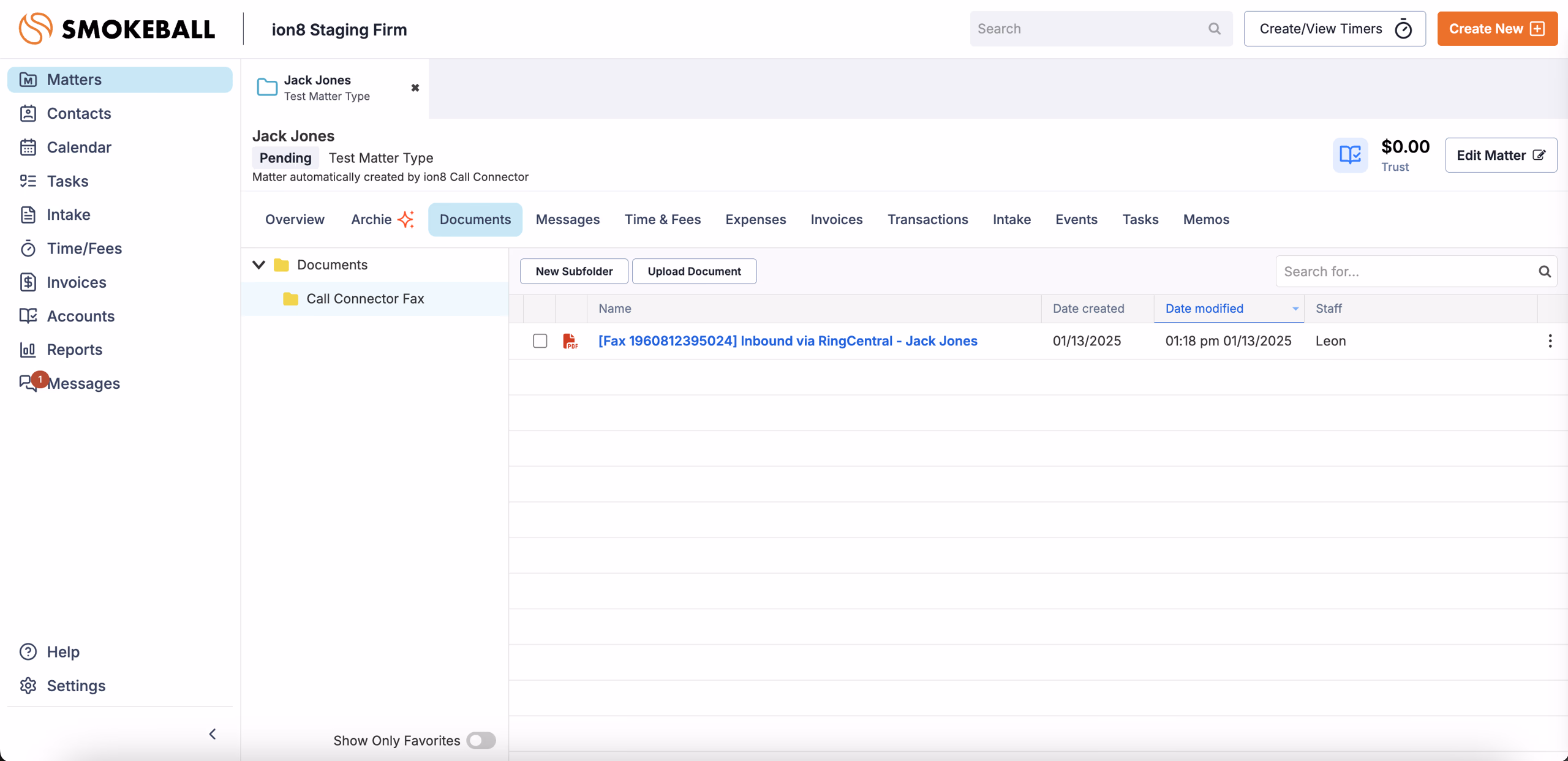 Fax logged as Document in Smokeball Matter