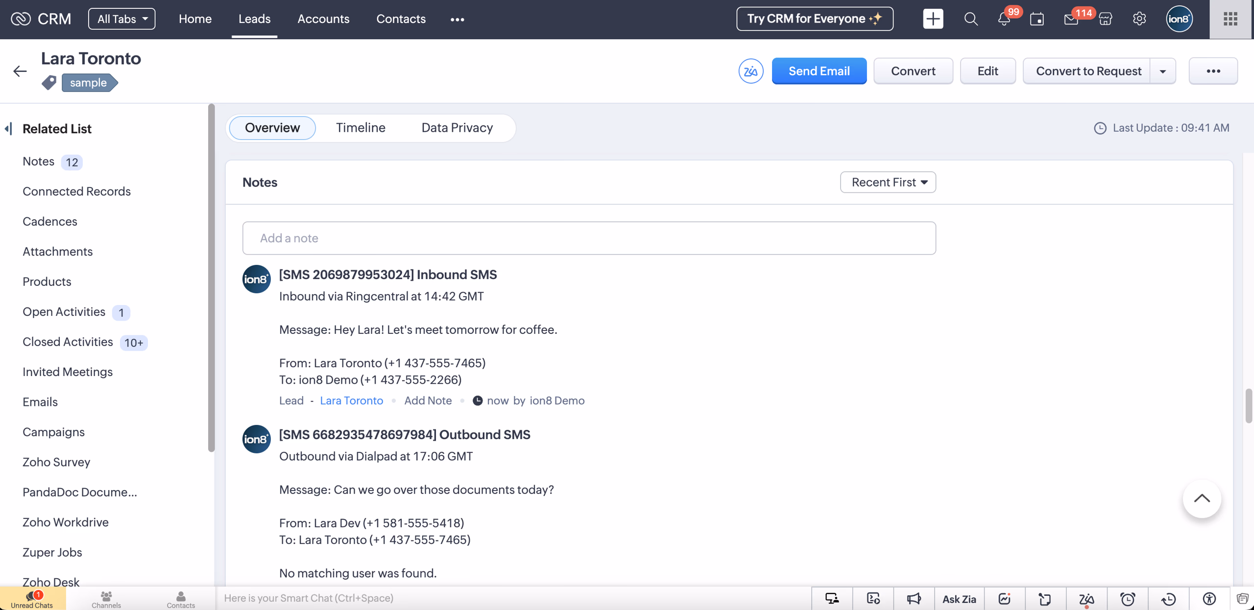 SMS logged as Note in Zoho CRM