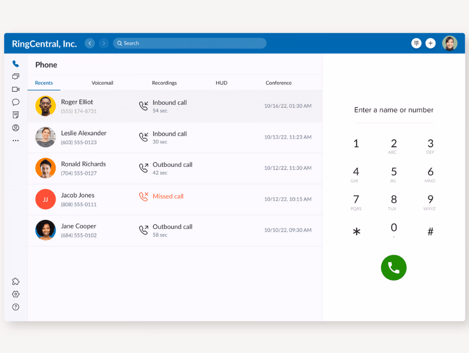RingCentral user interface