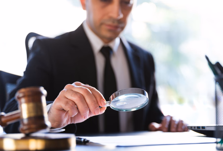 Lawyer examining legal documents with magnifying glass and a gavel on desk.